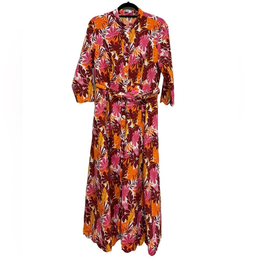 Eshakti 100% Cotton Maxi Button Down A-Line Shirt Dress Tropical Floral - Size M